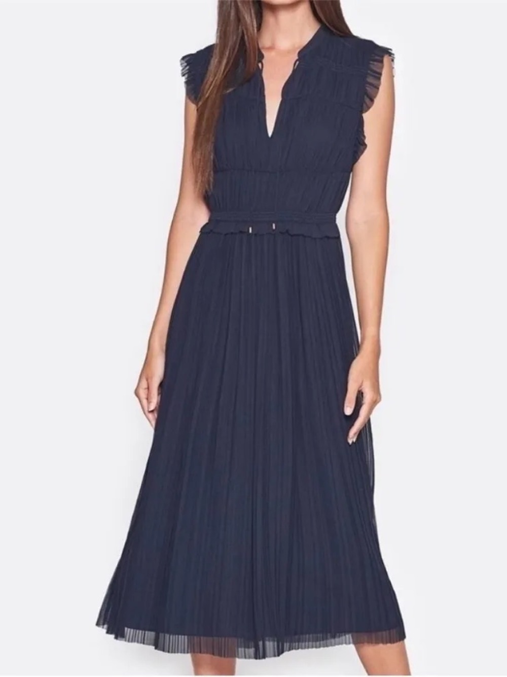 Jolie Navy Pleated Midi Dress with Ruffle Sleeves